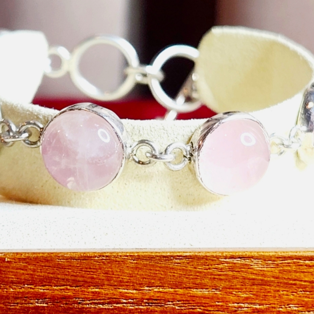 925 sterling Silver Rose Quartz Toggle Bracelet Marked Tested